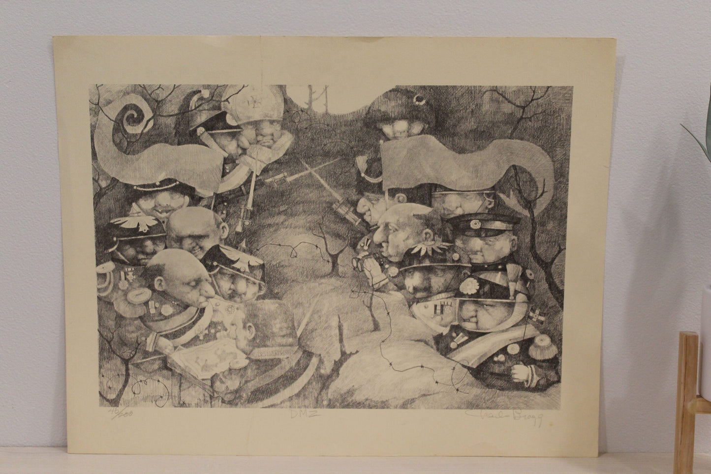 Nifao  DMZ signed by Charles Bragg Monochromaric Charles Bragg Signed Lithograph “DMZ” – Limited Edition Satirical Fine Art Print, Collectible Wall Decor, 20"x14"