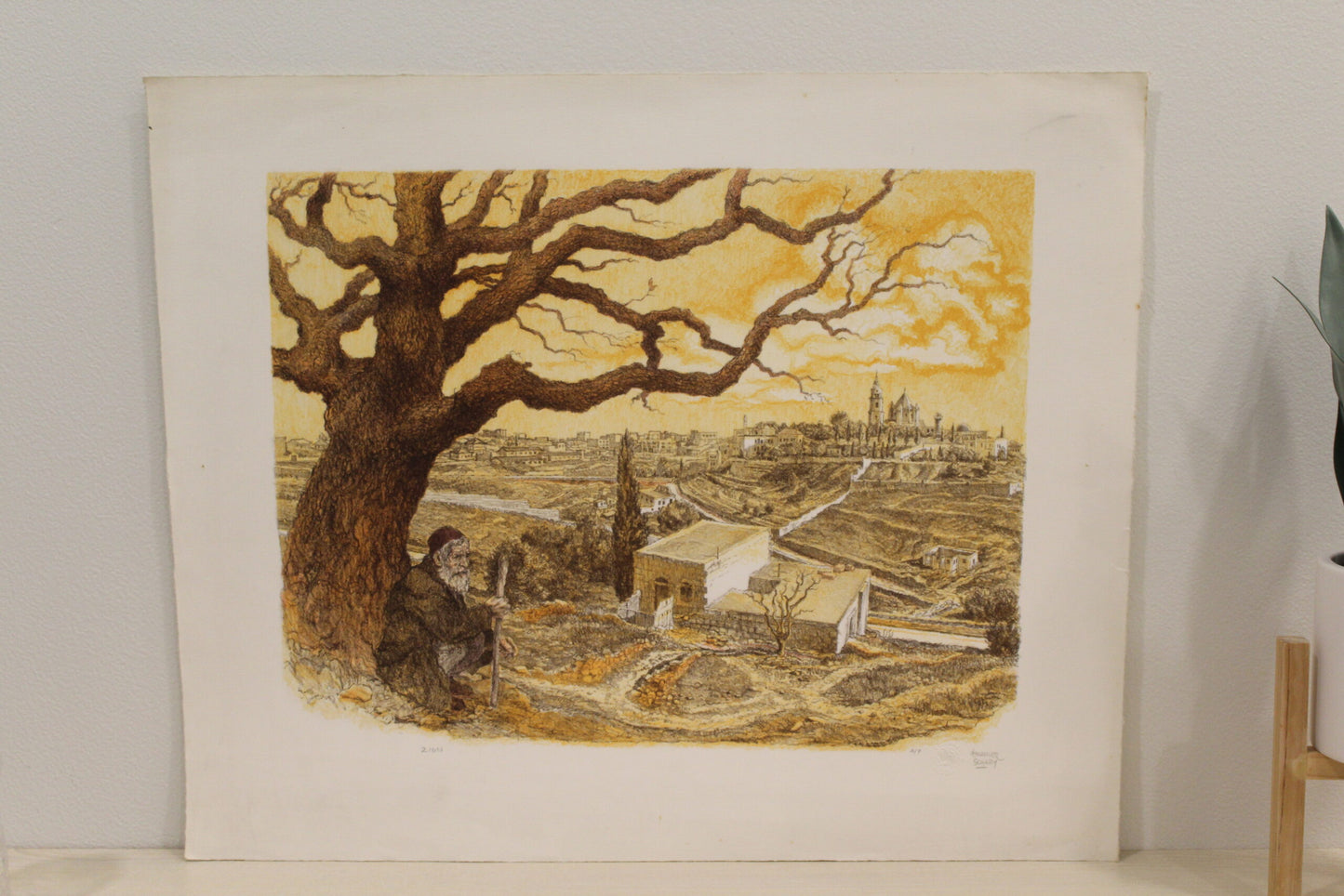 Nifao Emanuel Schary “Zion” Colored Lithograph – Judaica Fine Art Print with Vibrant Townscape & Nature Scene, Collectible Wall Decor 18 x 14
