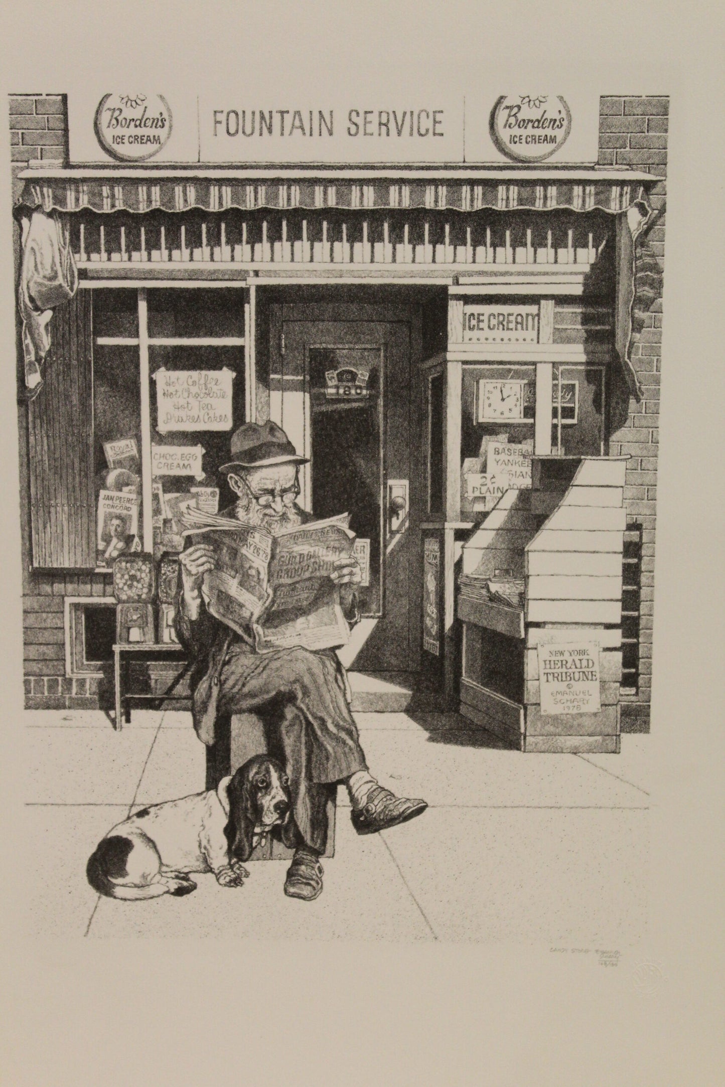 NIFAO Emanuel Schary “Candy Store” Lithograph – Black & White Nostalgic Fine Art Print, Vintage Street Scene with Newspaper Reader, Collectible Wall Drcor 12 x 16