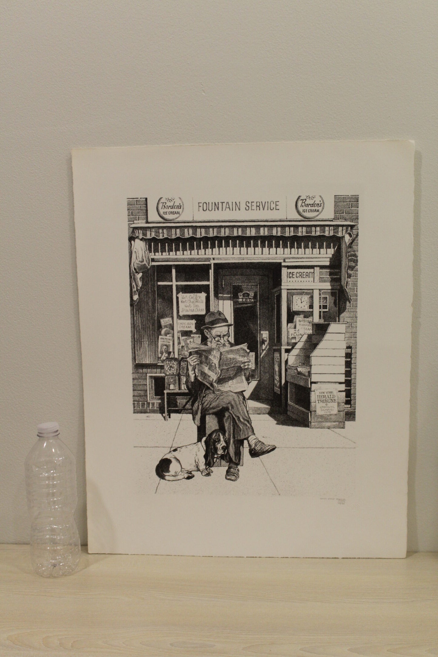 NIFAO Emanuel Schary “Candy Store” Lithograph – Black & White Nostalgic Fine Art Print, Vintage Street Scene with Newspaper Reader, Collectible Wall Drcor 12 x 16