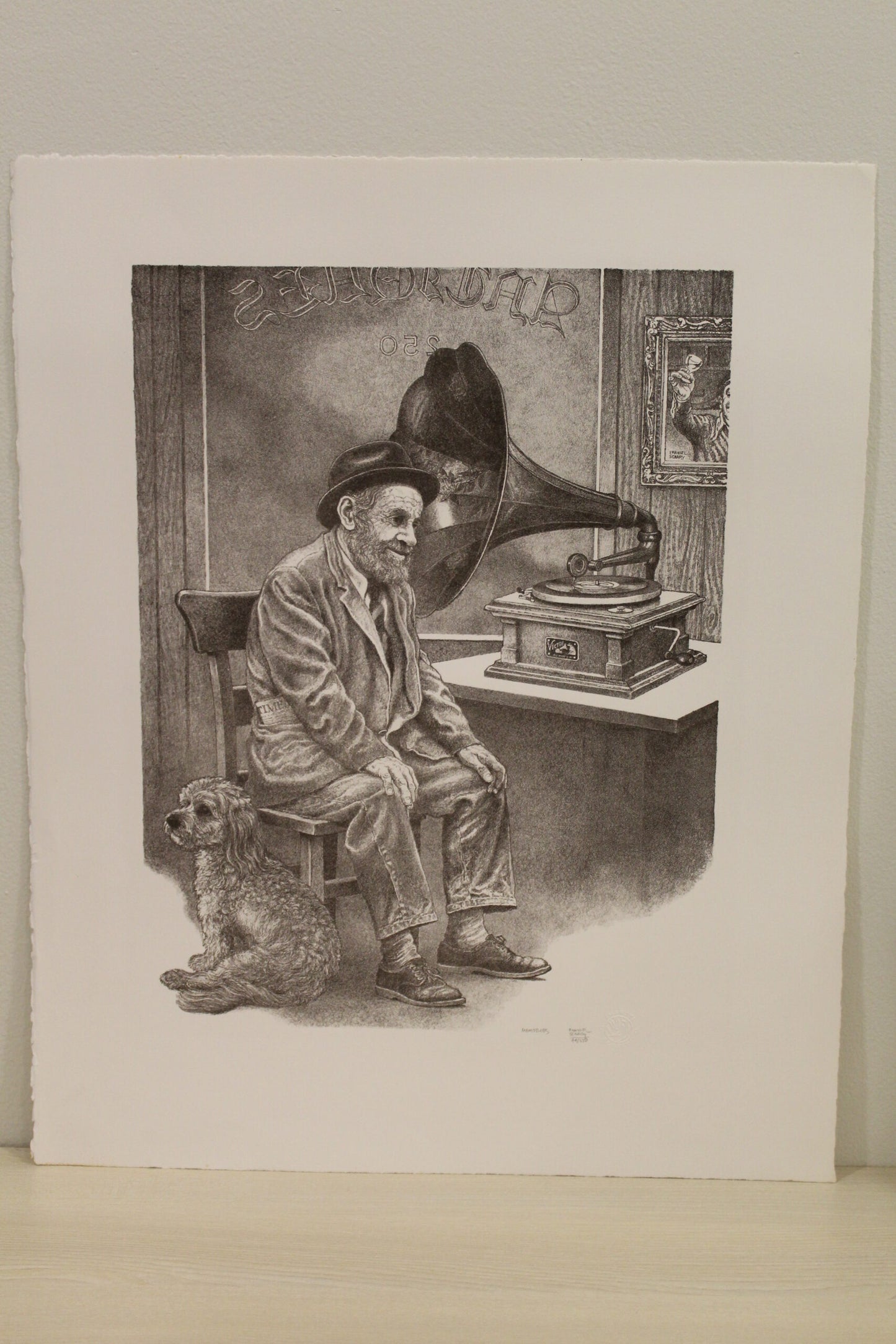 Nifao Emanuel Schary “Memories” Lithograph – Black & White Fine Art Print of Elderly Man with Loyal Dog, Reflective Judaica Wall Decor 12 x 16