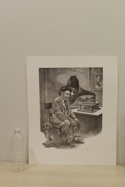 Nifao Emanuel Schary “Memories” Lithograph – Black & White Fine Art Print of Elderly Man with Loyal Dog, Reflective Judaica Wall Decor 12 x 16