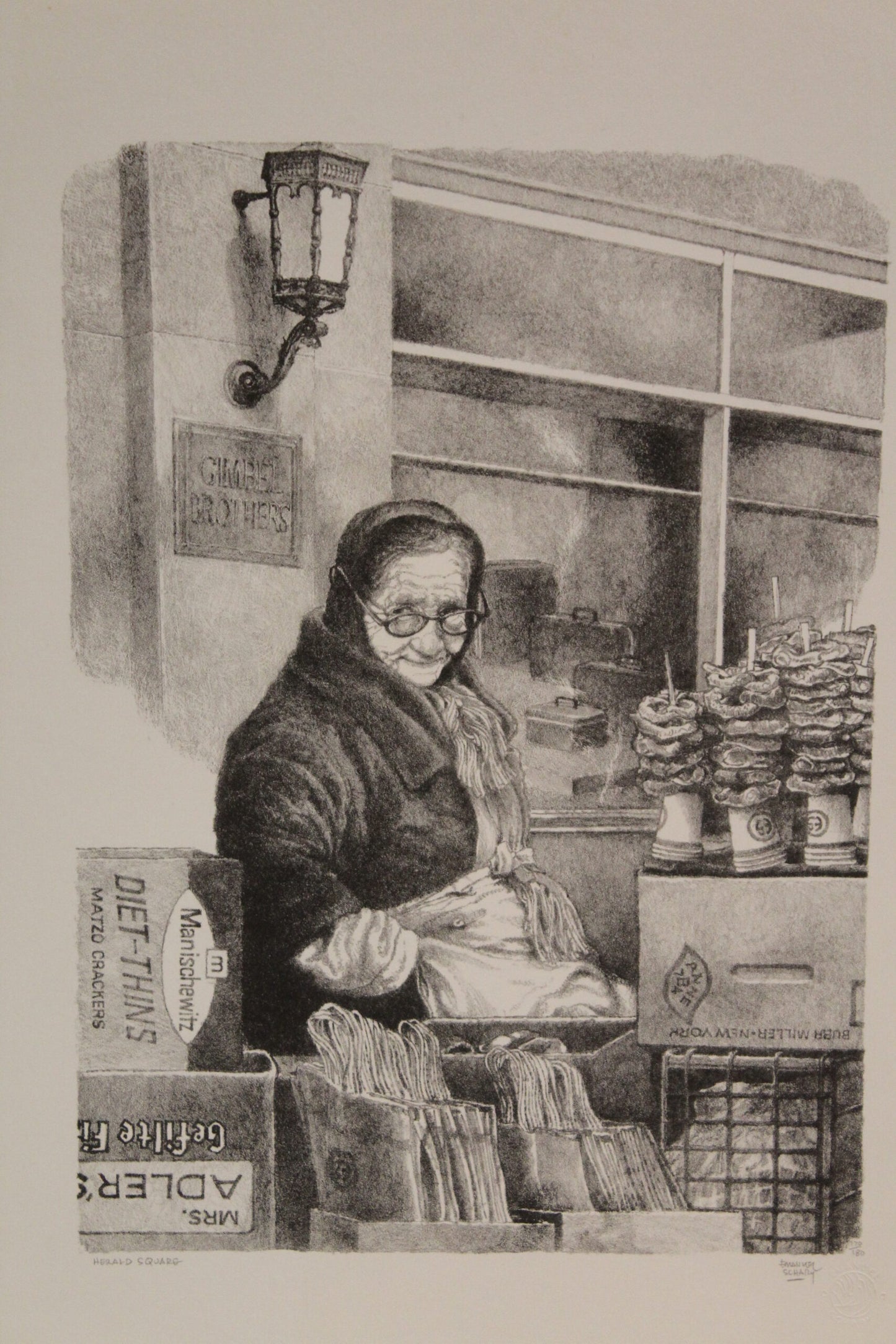 Nifao Emanuel Schary “Herald Square” Lithograph – Black & White Fine Art Print of Cityscape & Solitude, Urban Judaica Wall Decor 10 x 14