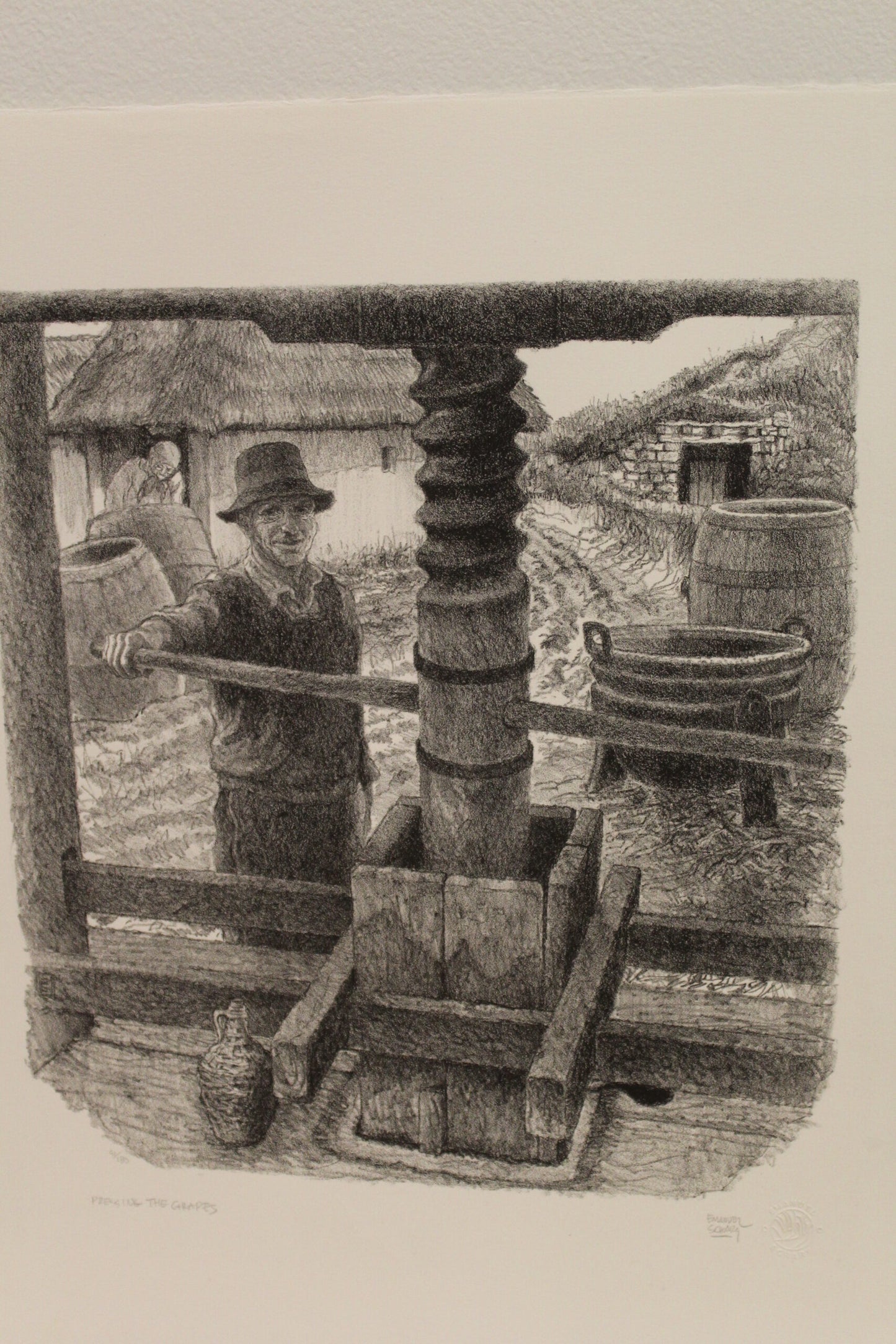 Nifao Emanuel Schary “Pressing The Grapes” Lithograph – Israeli-American Judaica Fine Art, Winemaking Scene11 x 13