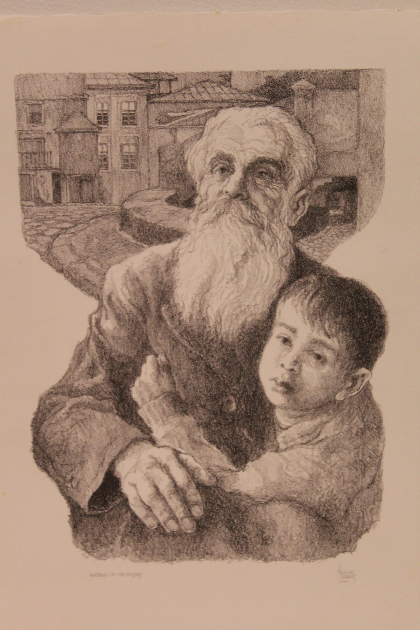 Nifao Emanuel Schary “Goodbye to Yesterday” Lithograph – Black & White Judaica Fine Art, Father & Son Embrace 11 x 14