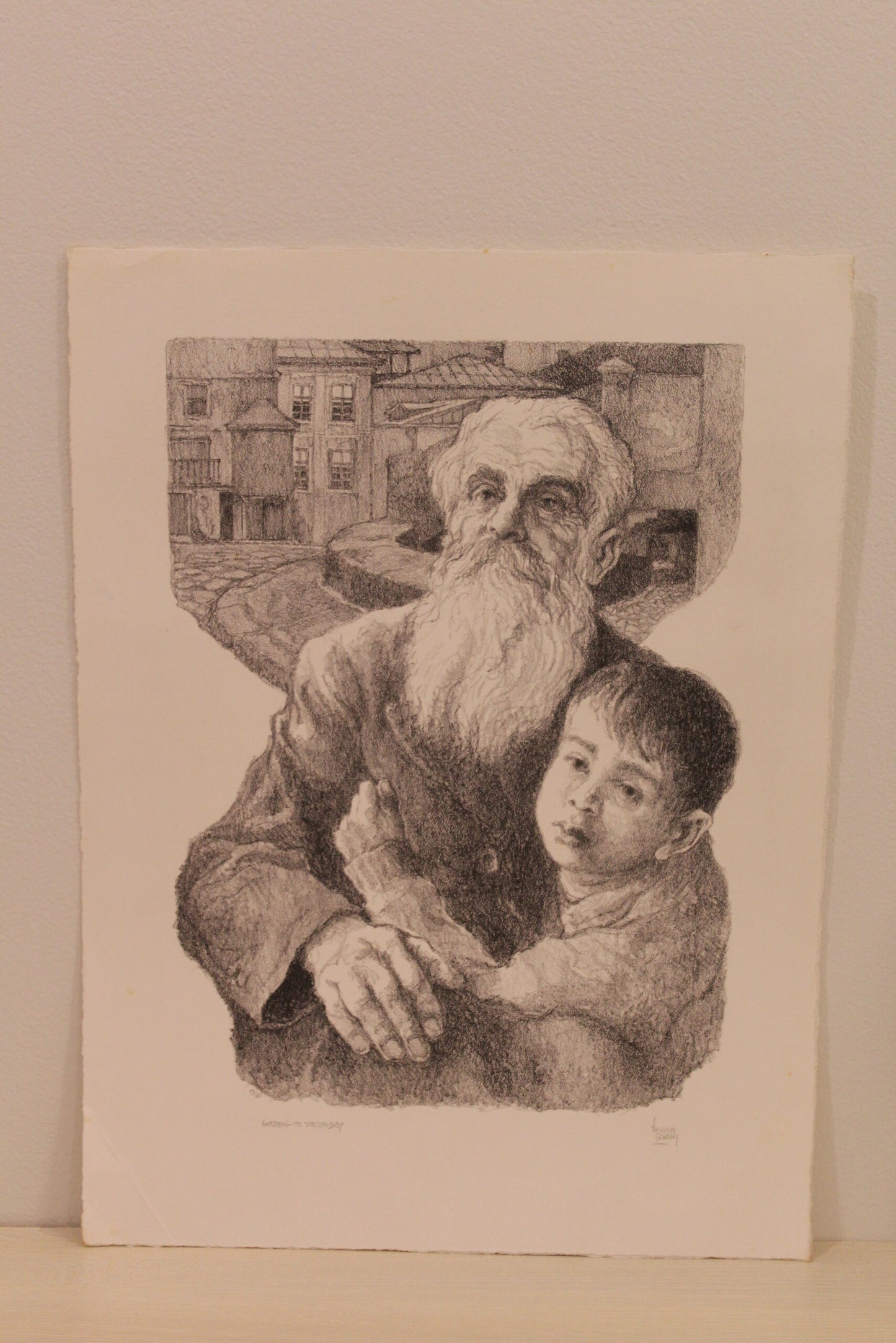 Nifao Emanuel Schary “Goodbye to Yesterday” Lithograph – Black & White Judaica Fine Art, Father & Son Embrace 11 x 14