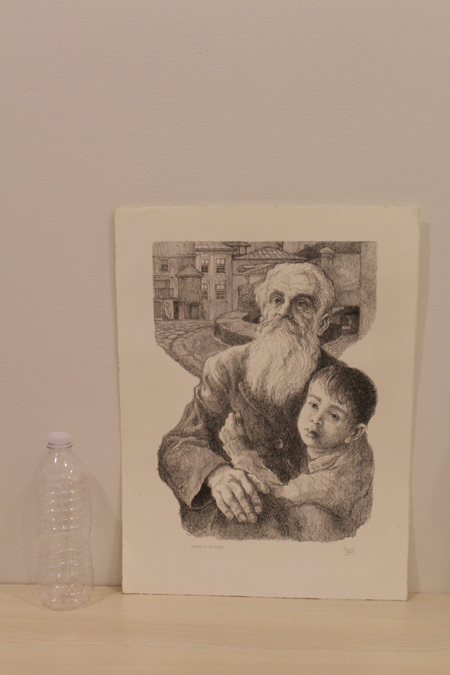 Nifao Emanuel Schary “Goodbye to Yesterday” Lithograph – Black & White Judaica Fine Art, Father & Son Embrace 11 x 14