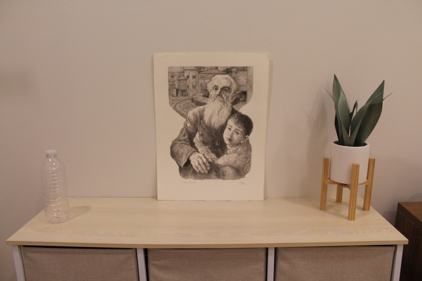 Nifao Emanuel Schary “Goodbye to Yesterday” Lithograph – Black & White Judaica Fine Art, Father & Son Embrace 11 x 14