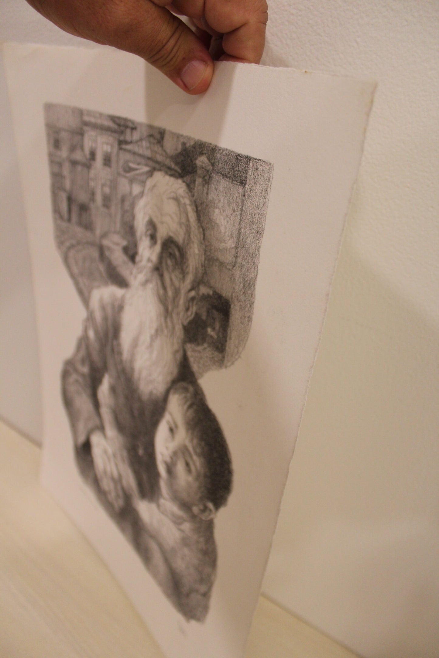 Nifao Emanuel Schary “Goodbye to Yesterday” Lithograph – Black & White Judaica Fine Art, Father & Son Embrace 11 x 14