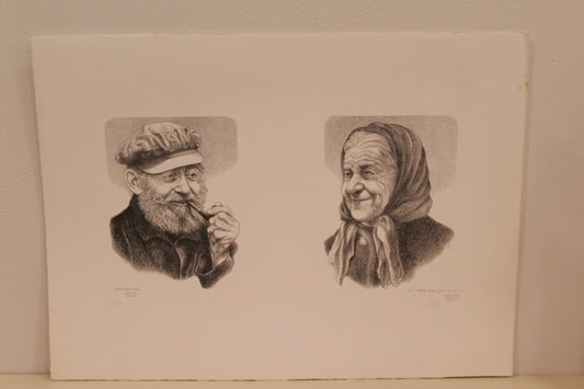 Nifao Emanuel Schary “Remembering” & “My Years Fade With A Smile” Lithographs – Black & White Judaica Fine Art, Elderly Portraits of Reflection & Memory- 14 x 8