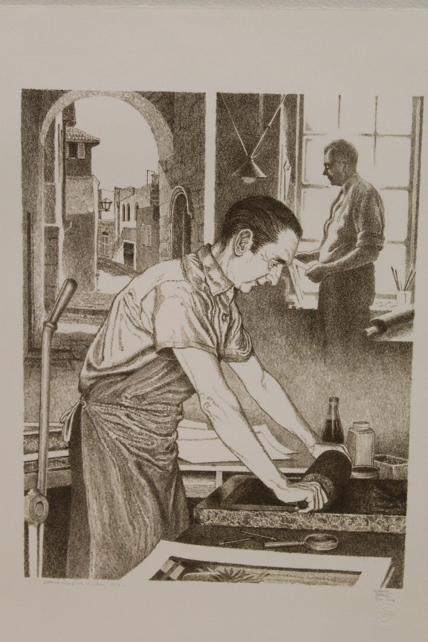 Nifao Emanuel Schary “George and Burr Miller” Black & White Lithograph – 1917 Printmaking Tribute, Judaica Fine Art Collectible -11 x 14
