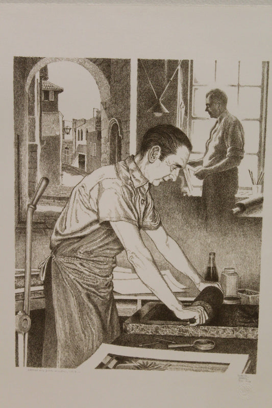 Nifao Emanuel Schary “George and Burr Miller” Black & White Lithograph – 1917 Printmaking Tribute, Judaica Fine Art Collectible -11 x 14