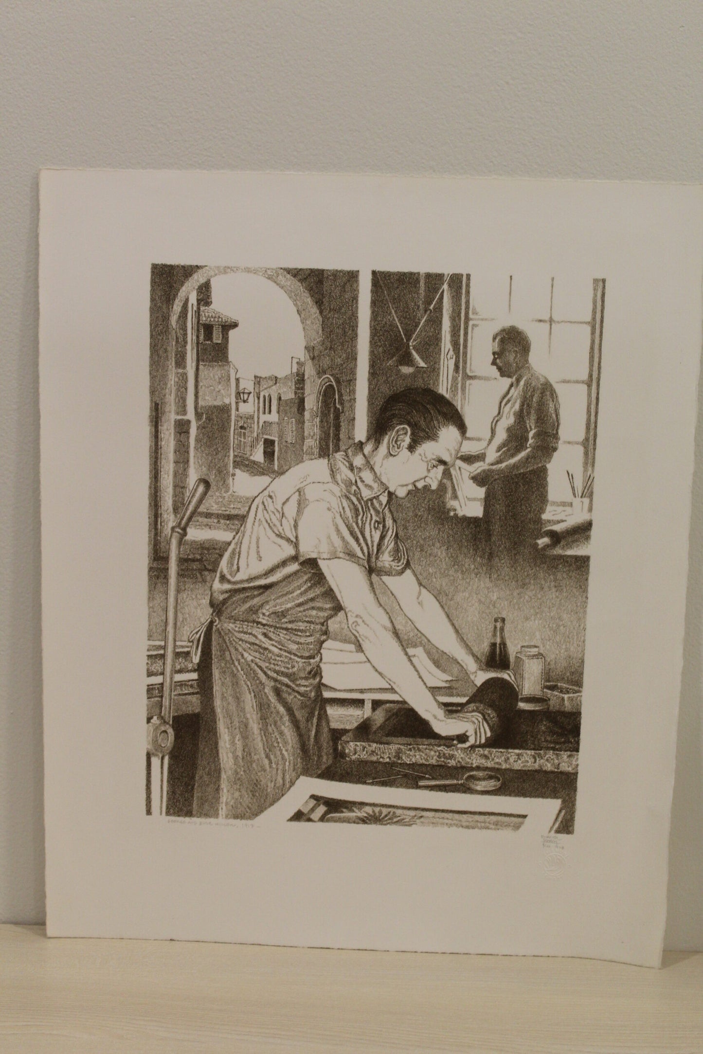 Nifao Emanuel Schary “George and Burr Miller” Black & White Lithograph – 1917 Printmaking Tribute, Judaica Fine Art Collectible -11 x 14