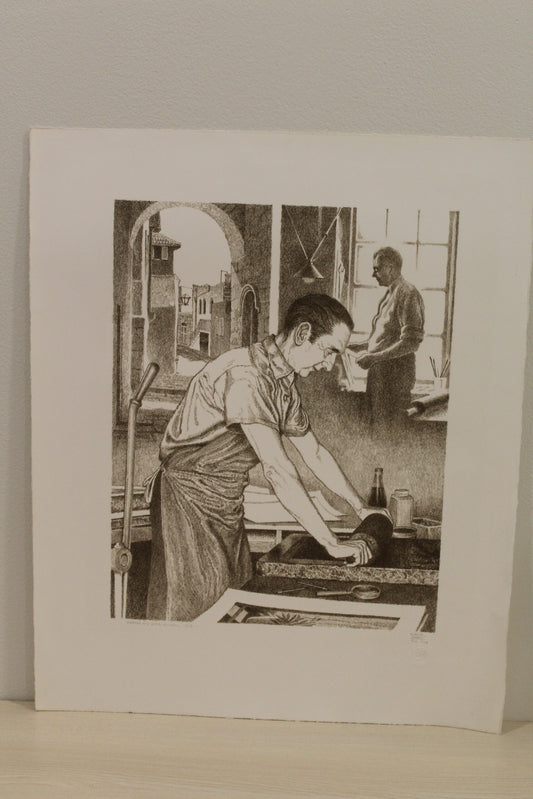 Nifao Emanuel Schary “George and Burr Miller” Black & White Lithograph – 1917 Printmaking Tribute, Judaica Fine Art Collectible -11 x 14