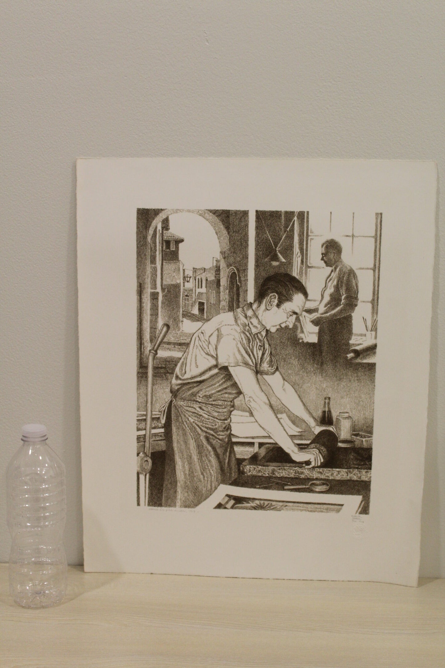 Nifao Emanuel Schary “George and Burr Miller” Black & White Lithograph – 1917 Printmaking Tribute, Judaica Fine Art Collectible -11 x 14