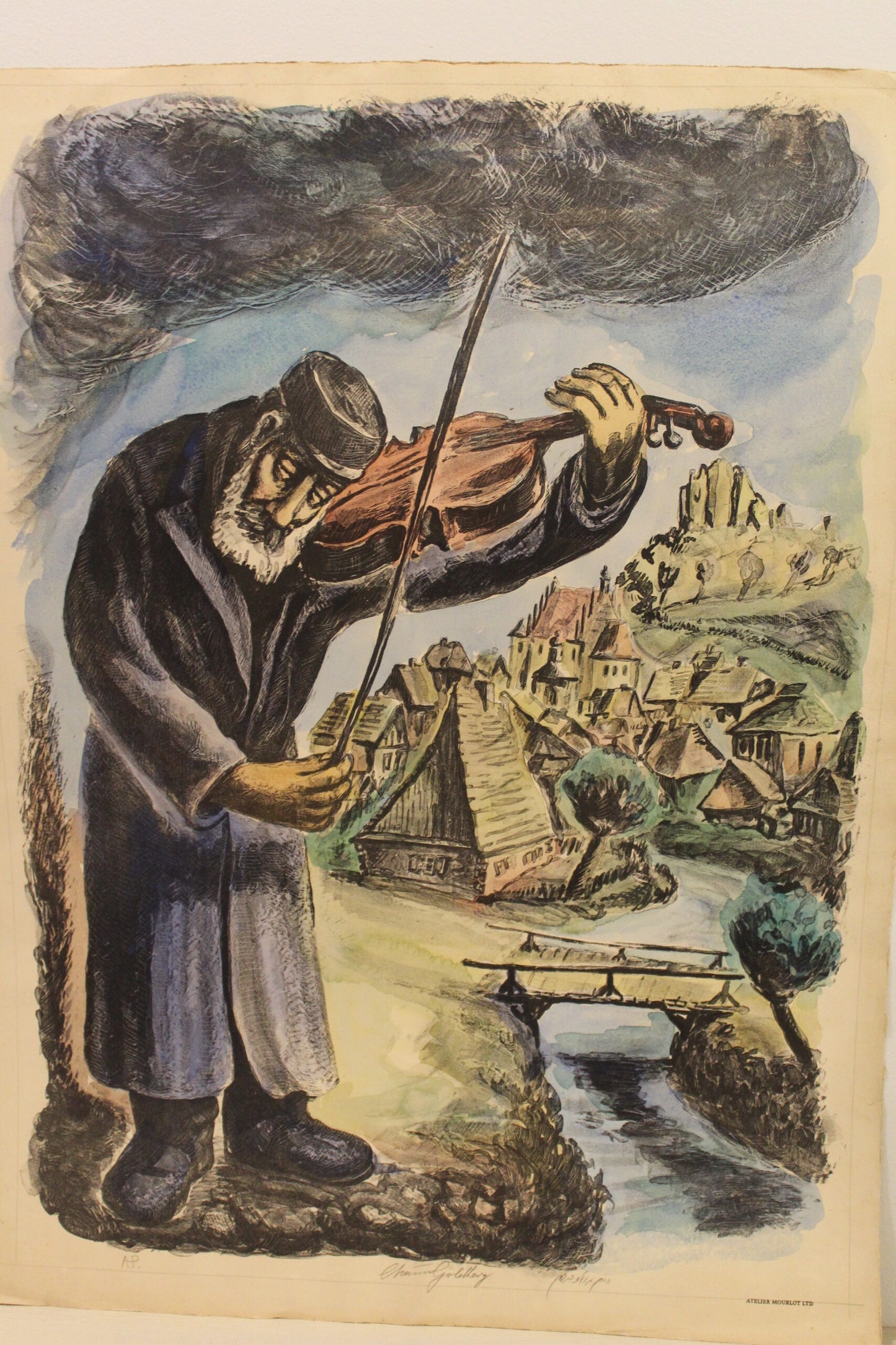 Nifao Chaim Goldberg The Violinist” Vibrant Townscape Lithograph – Expressive Judaica Fine Art Print - 20 x 28