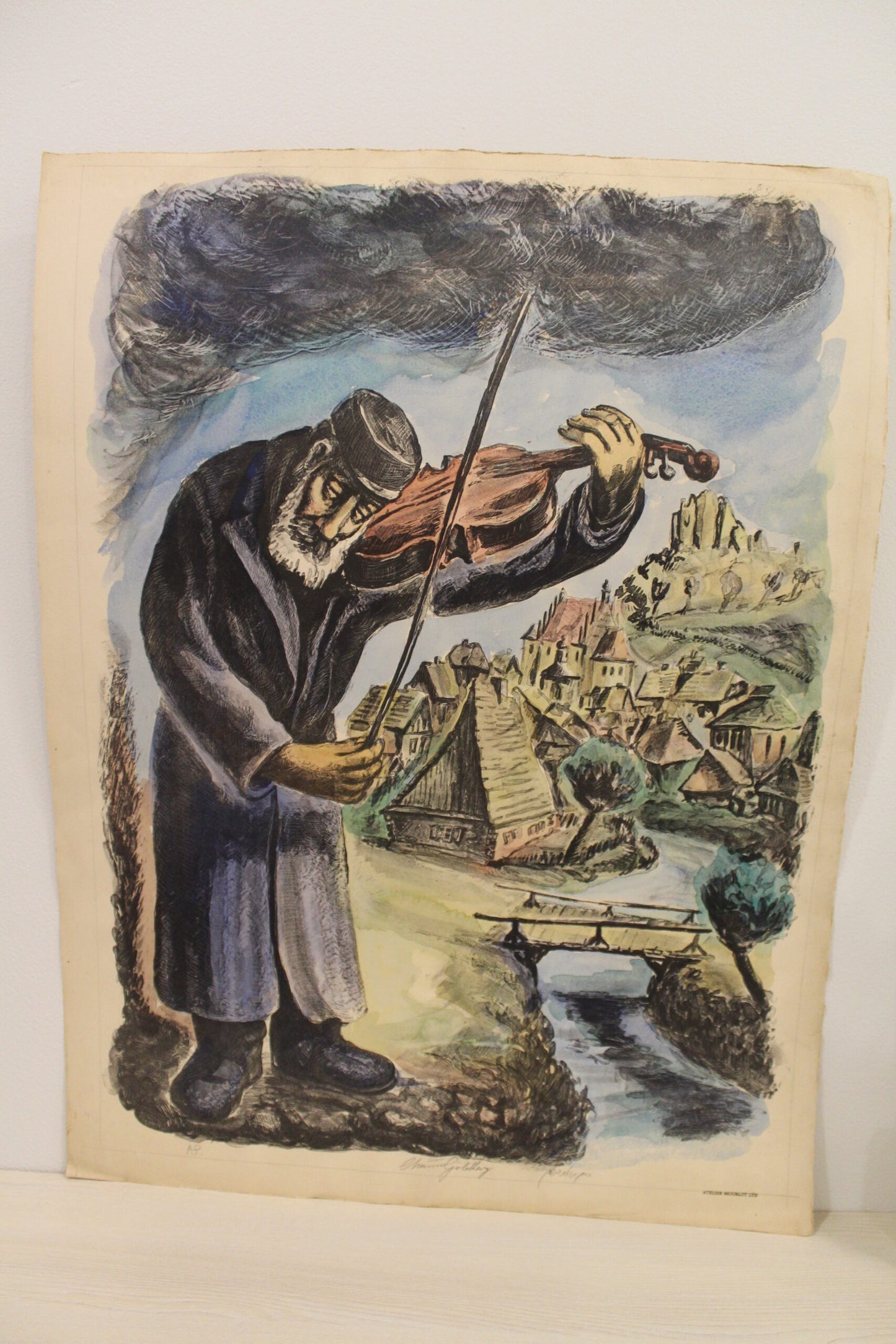 Nifao Chaim Goldberg The Violinist” Vibrant Townscape Lithograph – Expressive Judaica Fine Art Print - 20 x 28