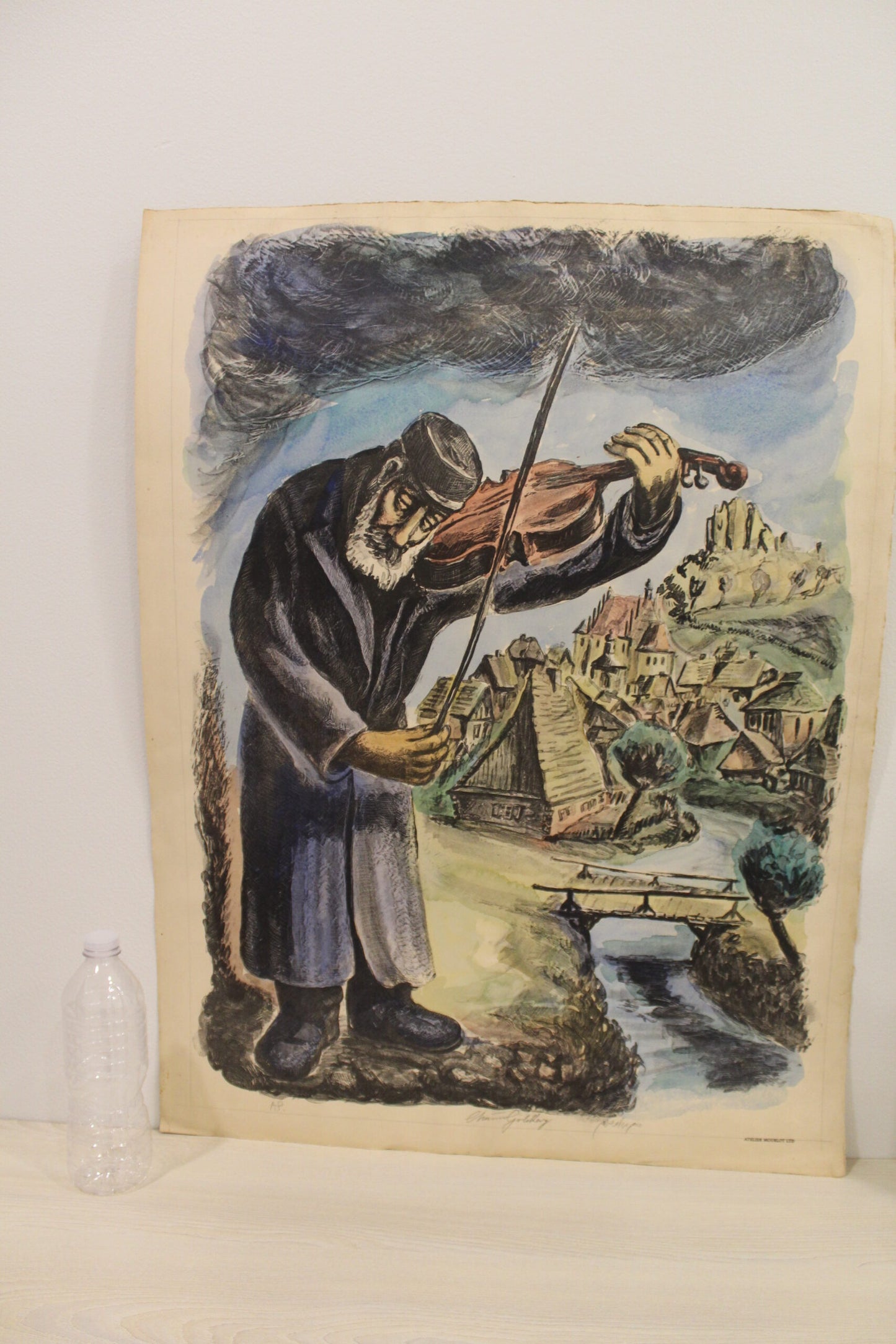 Nifao Chaim Goldberg The Violinist” Vibrant Townscape Lithograph – Expressive Judaica Fine Art Print - 20 x 28