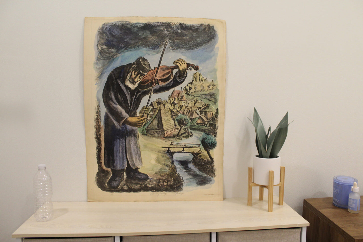 Nifao Chaim Goldberg The Violinist” Vibrant Townscape Lithograph – Expressive Judaica Fine Art Print - 20 x 28