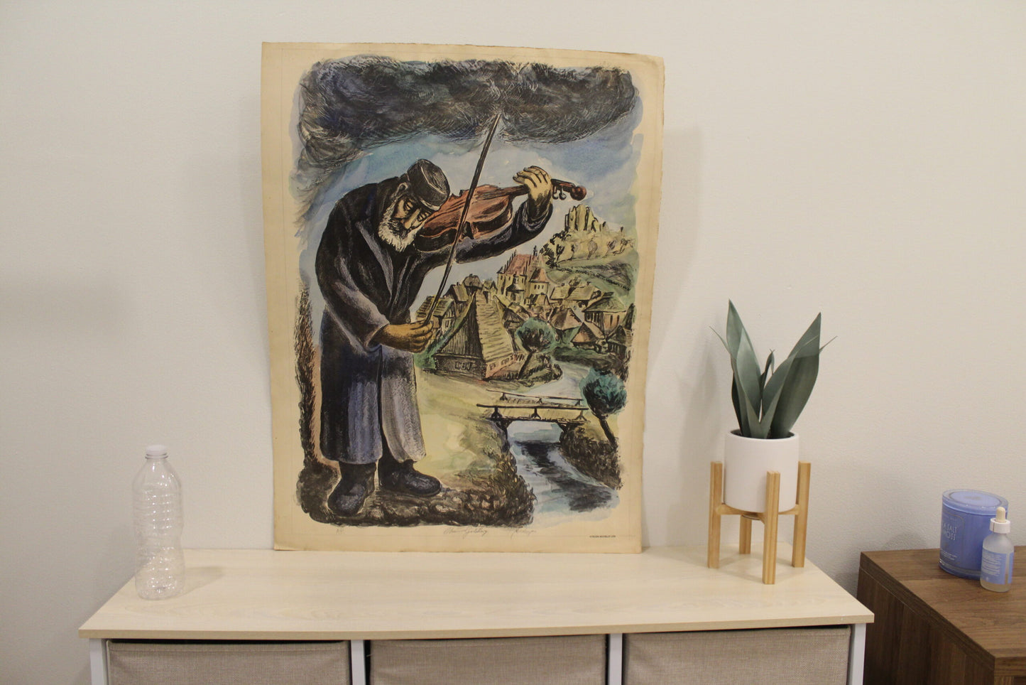 Nifao Chaim Goldberg The Violinist” Vibrant Townscape Lithograph – Expressive Judaica Fine Art Print - 20 x 28