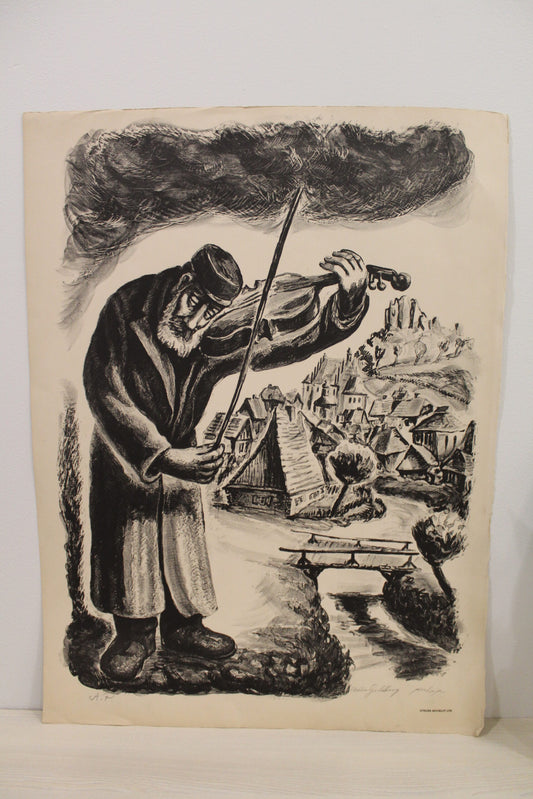 Nifao Chaim Goldberg “Monochrome Violinist” Lithograph – Soulful Judaica Fine Art Print, Musician in Townscape - 20 x 28