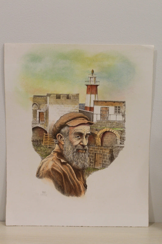 Sailor in Front of Lighthouse Colored Lithograph 10 x 17