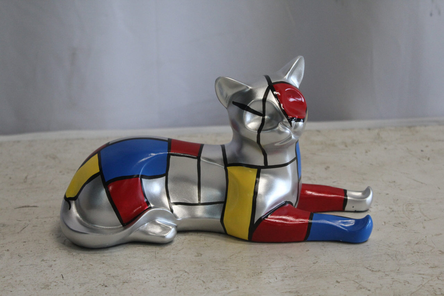 Geometric Themed Laying Cat Colorful Resin Statue 11" x 4" x 6"H