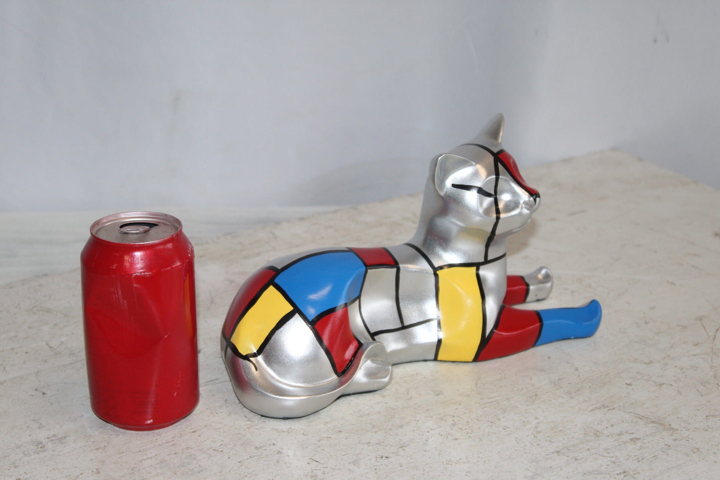 Geometric Themed Laying Cat Colorful Resin Statue 11" x 4" x 6"H