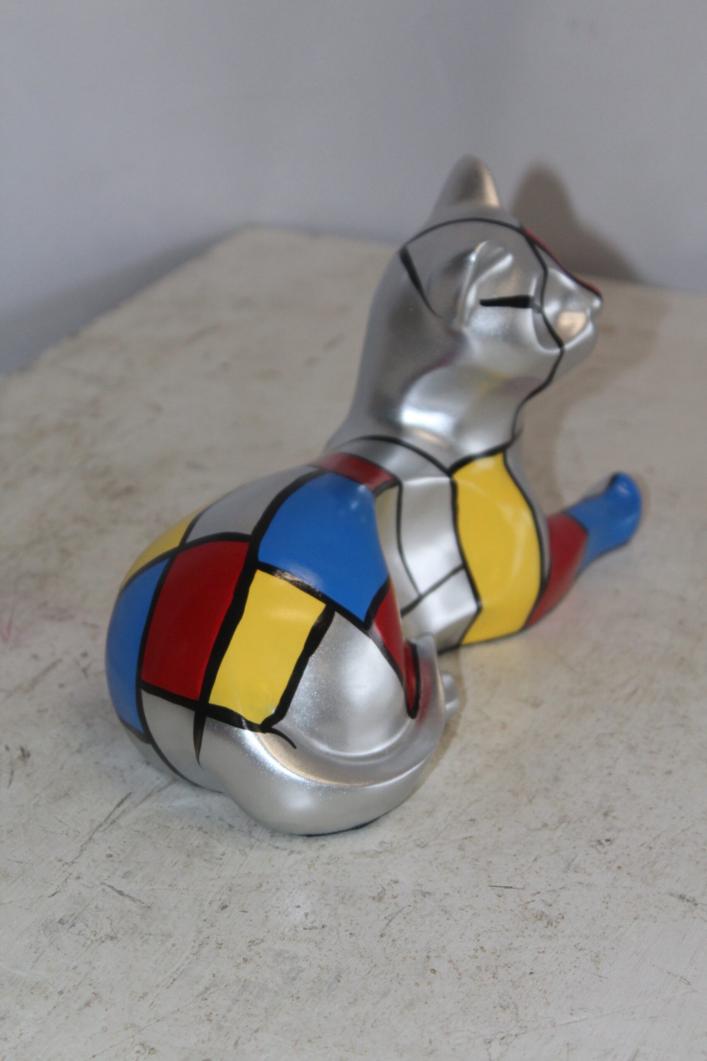 Geometric Themed Laying Cat Colorful Resin Statue 11" x 4" x 6"H