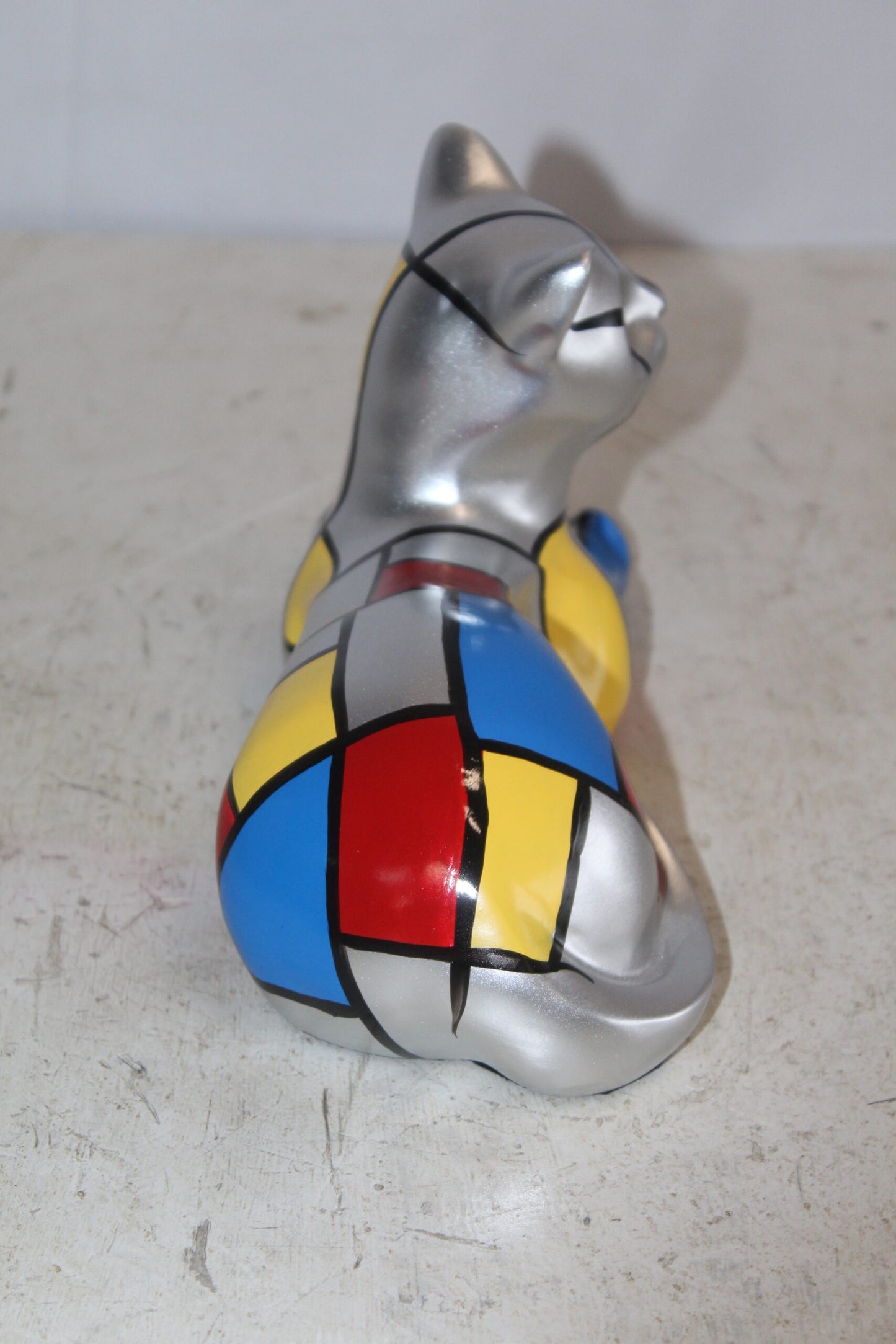 Geometric Themed Laying Cat Colorful Resin Statue 11" x 4" x 6"H