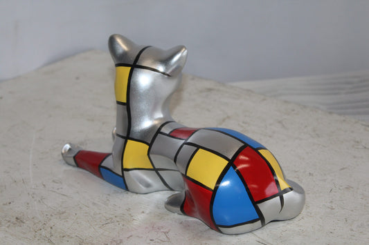 Geometric Themed Laying Cat Colorful Resin Statue 11" x 4" x 6"H
