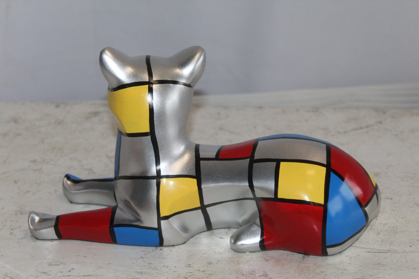 Geometric Themed Laying Cat Colorful Resin Statue 11" x 4" x 6"H