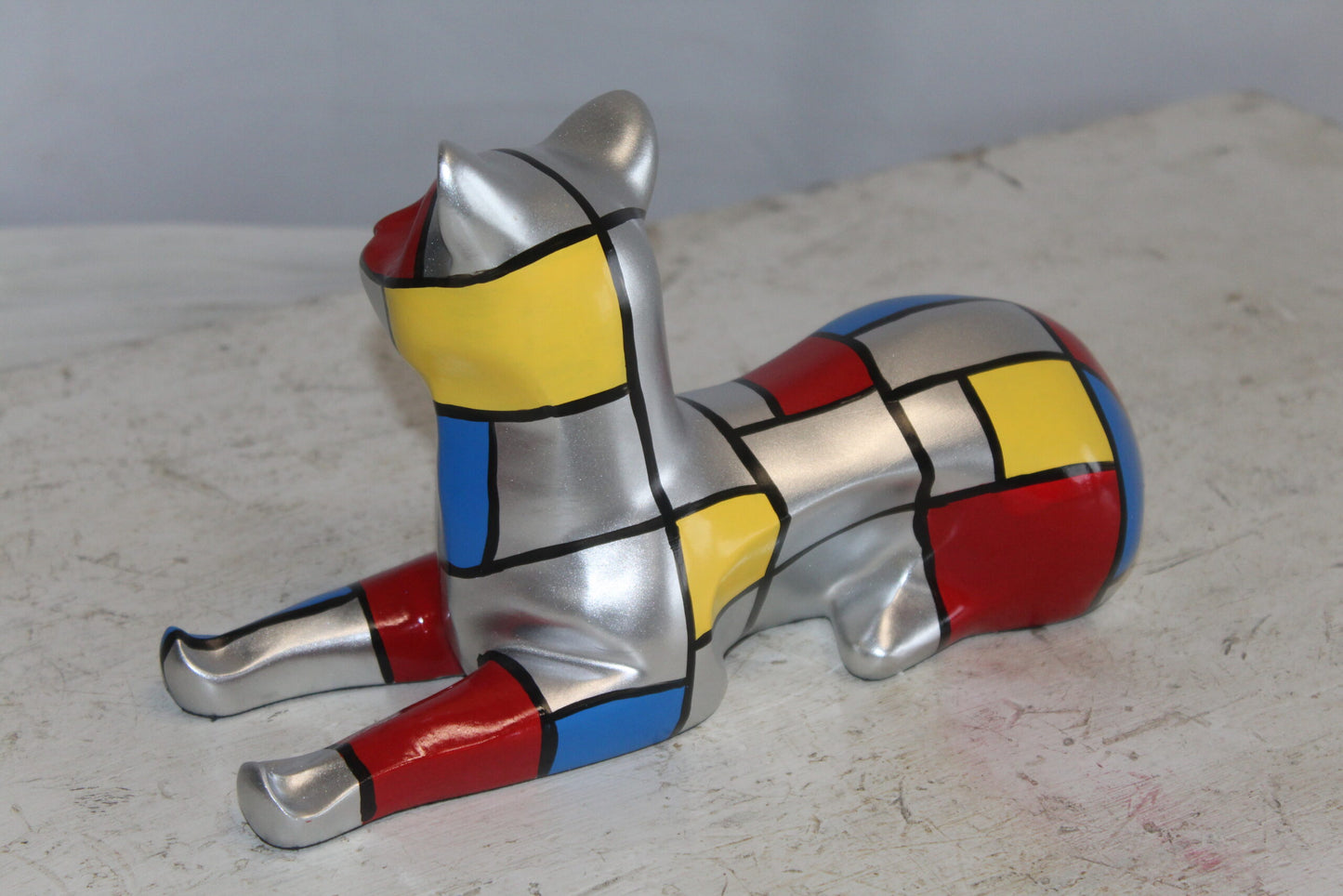Geometric Themed Laying Cat Colorful Resin Statue 11" x 4" x 6"H