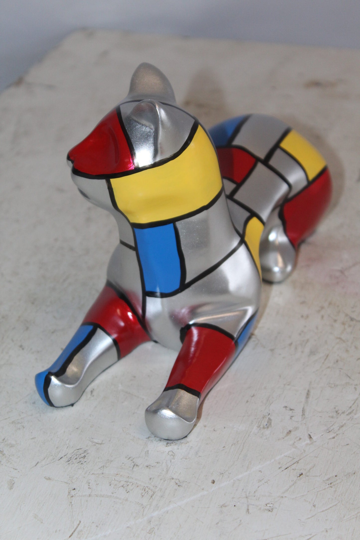 Geometric Themed Laying Cat Colorful Resin Statue 11" x 4" x 6"H