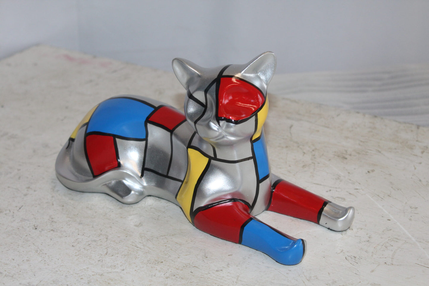 Geometric Themed Laying Cat Colorful Resin Statue 11" x 4" x 6"H