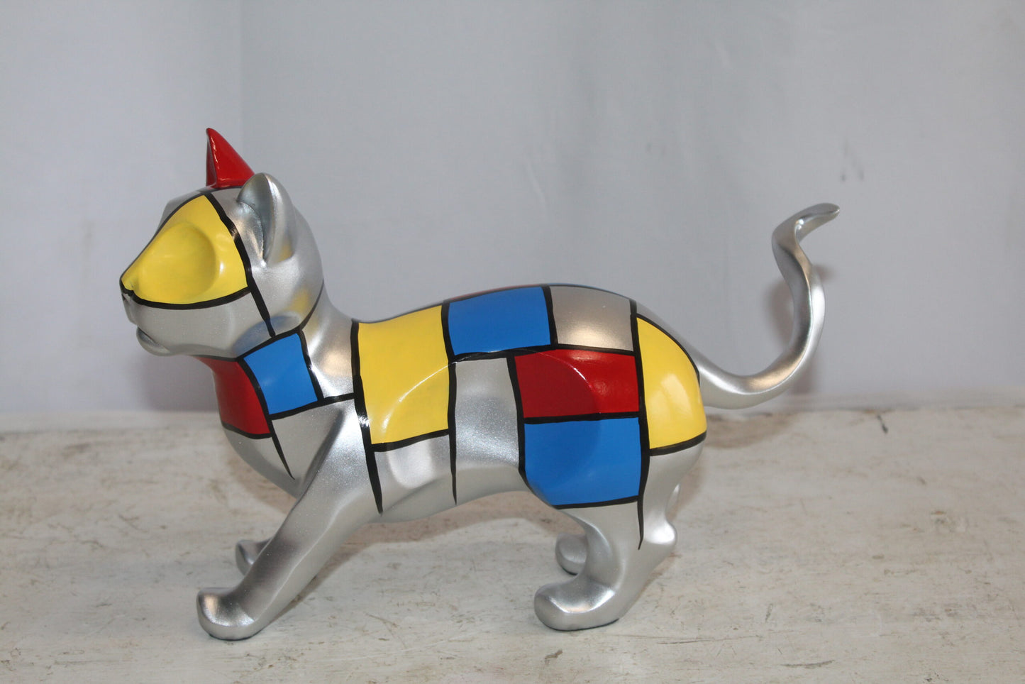 Geometric Themed Standing Cat colorful Resin Statue 12" x 4" x 9"H