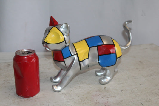 Geometric Themed Standing Cat colorful Resin Statue 12" x 4" x 9"H