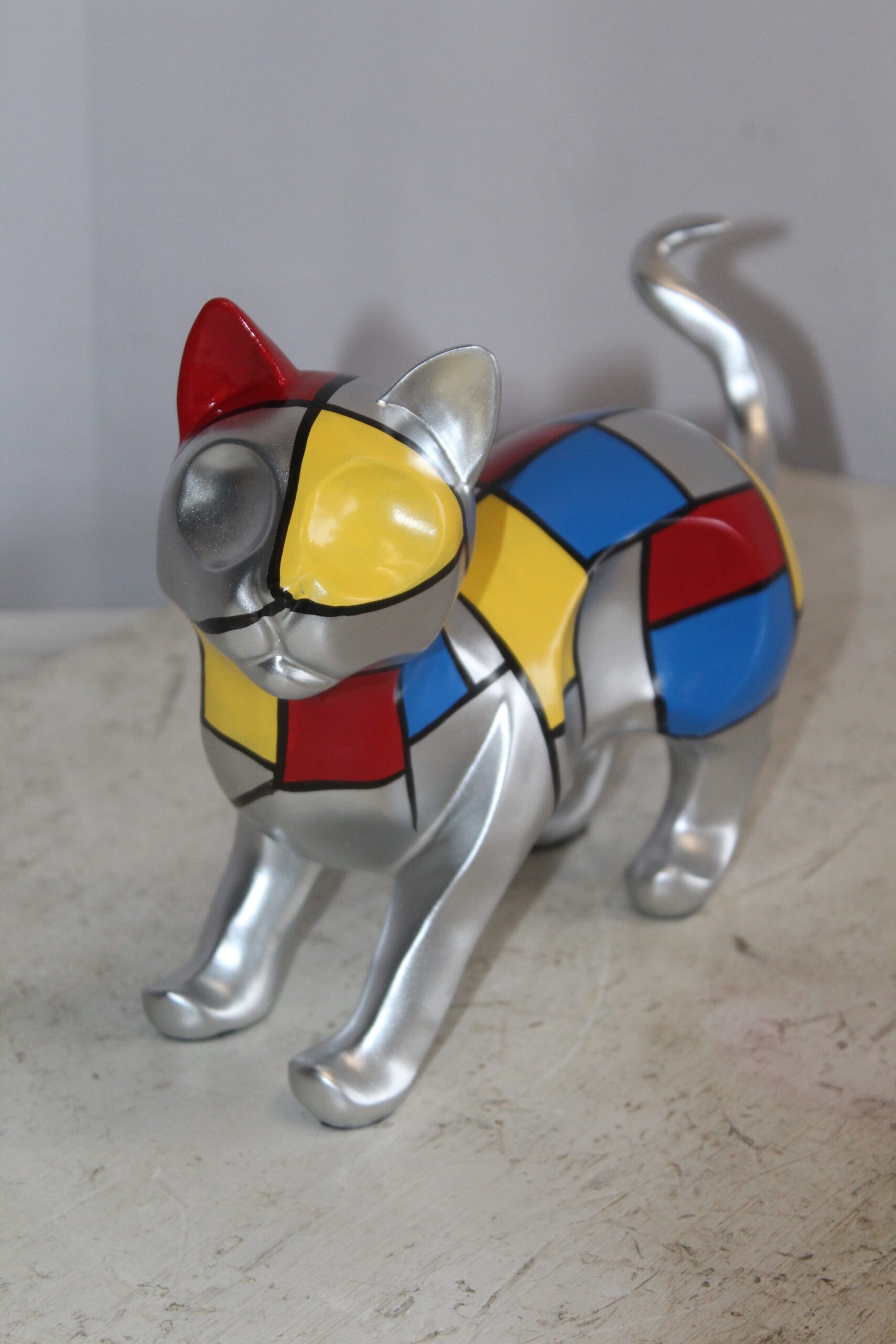 Geometric Themed Standing Cat colorful Resin Statue 12" x 4" x 9"H