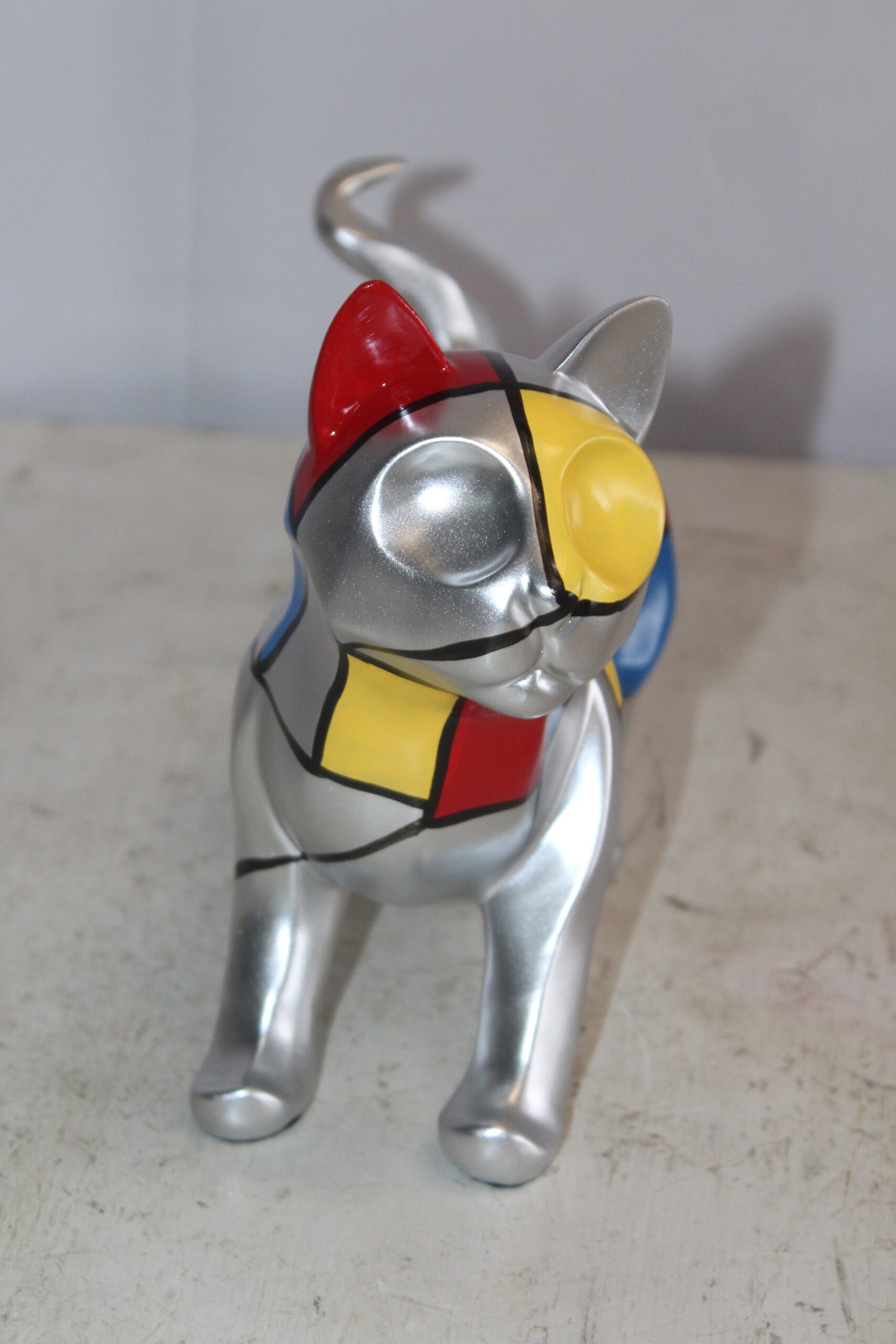 Geometric Themed Standing Cat colorful Resin Statue 12" x 4" x 9"H