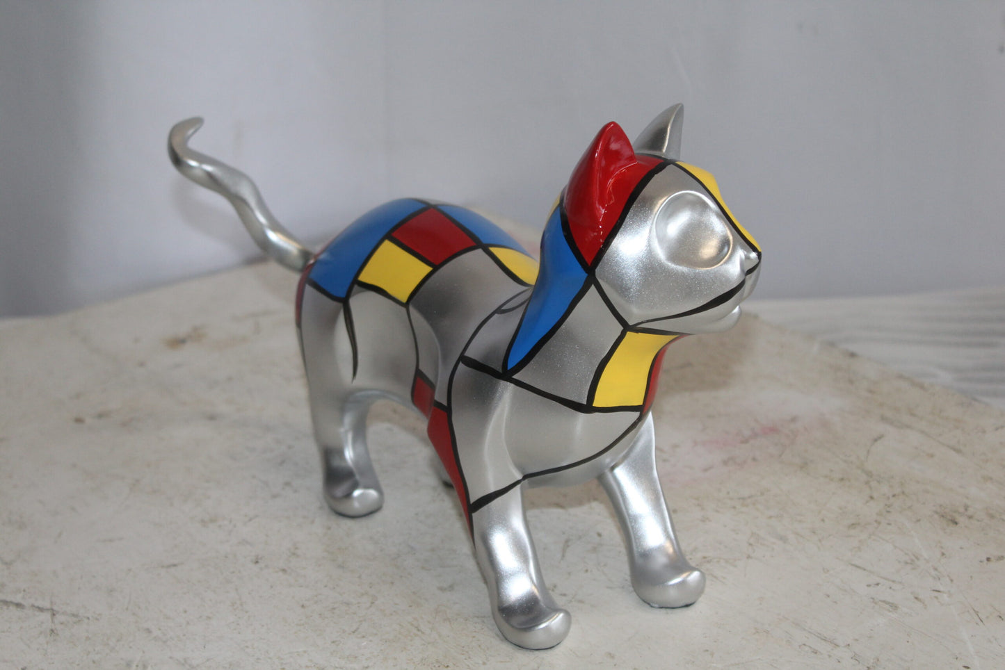 Geometric Themed Standing Cat colorful Resin Statue 12" x 4" x 9"H