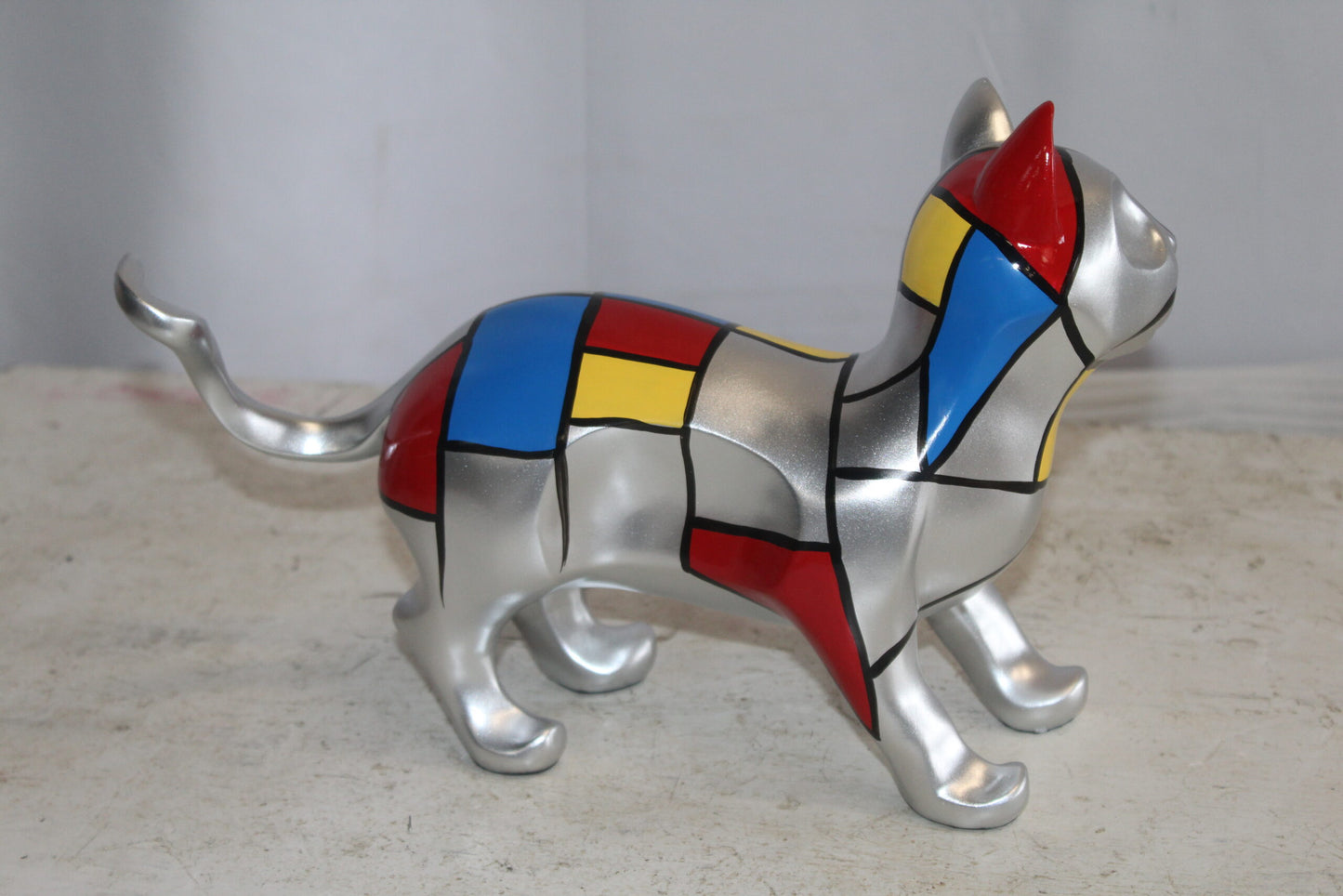 Geometric Themed Standing Cat colorful Resin Statue 12" x 4" x 9"H