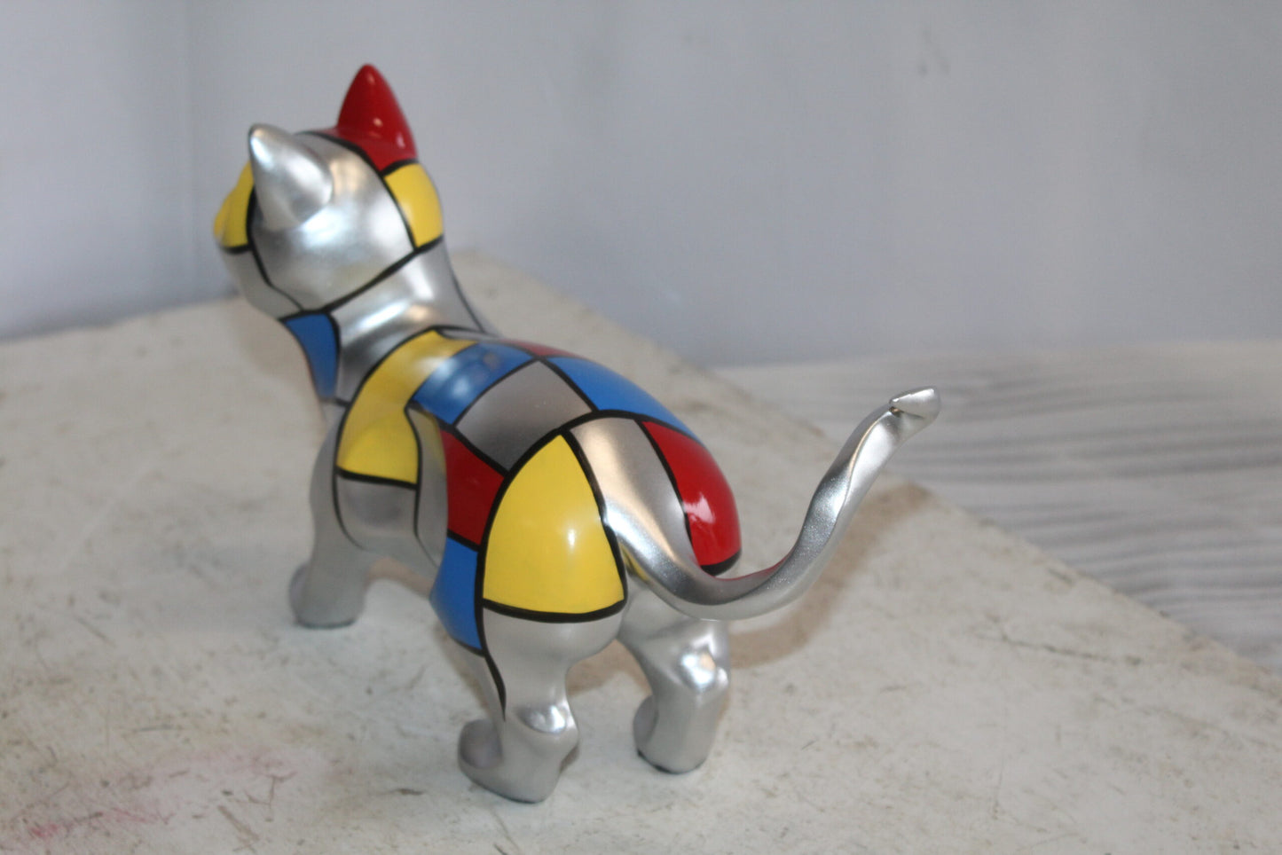Geometric Themed Standing Cat colorful Resin Statue 12" x 4" x 9"H