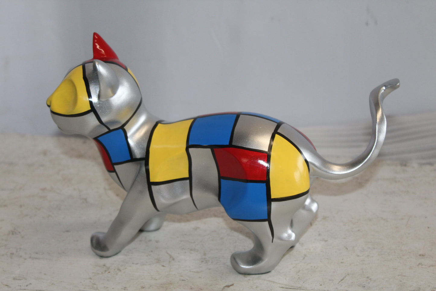 Geometric Themed Standing Cat colorful Resin Statue 12" x 4" x 9"H