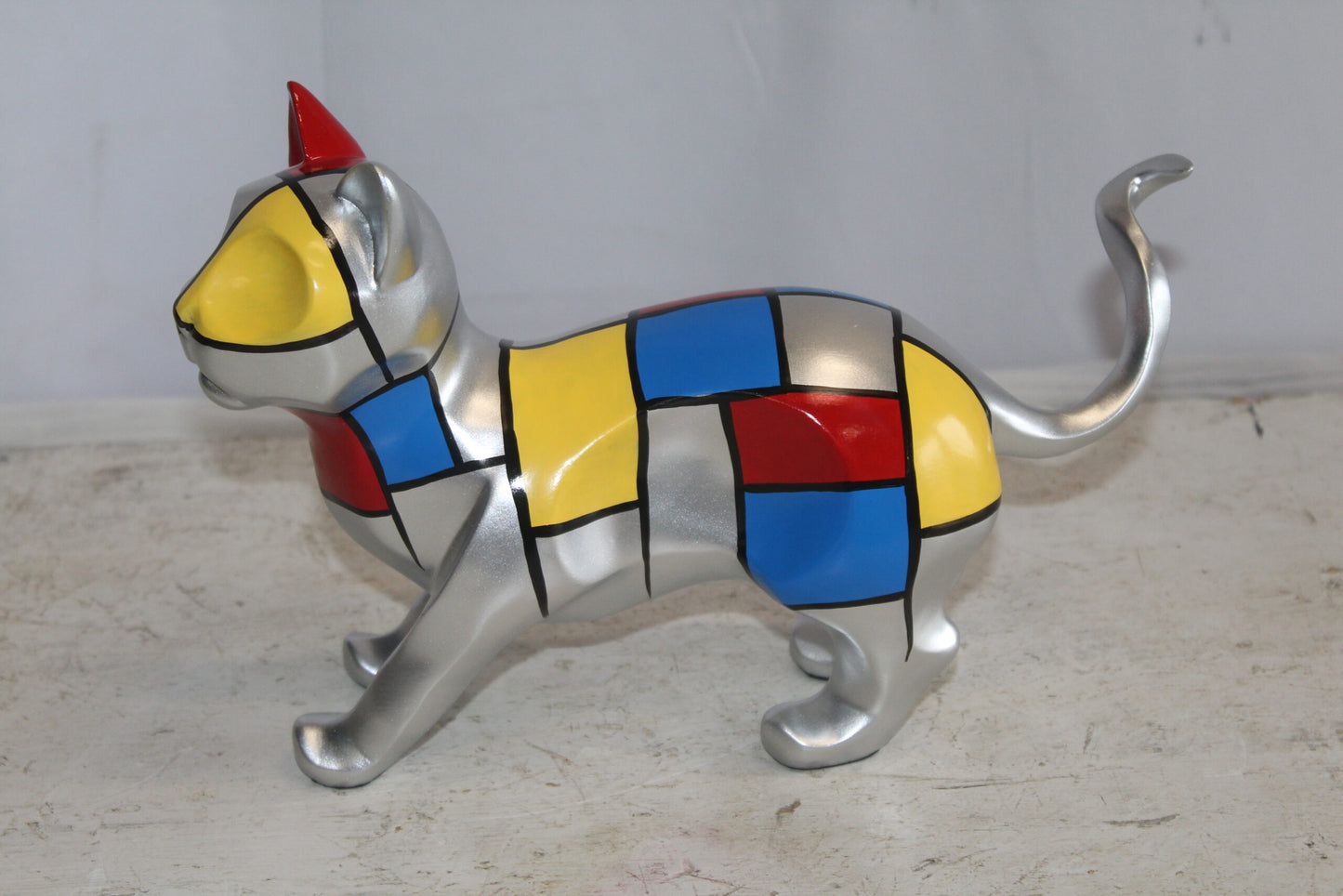 Geometric Themed Standing Cat colorful Resin Statue 12" x 4" x 9"H