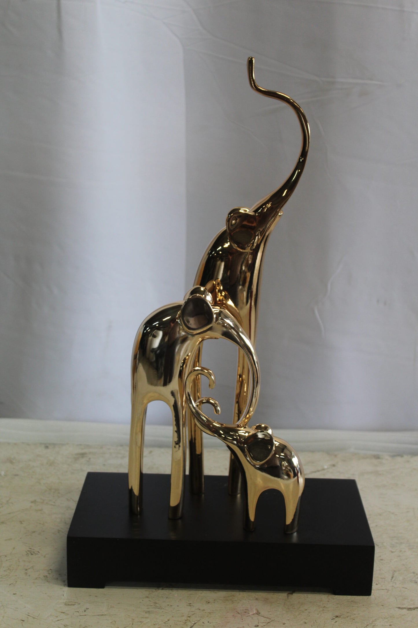 Gold Elephant Family Resin Statue on Black Base 11" x 5" x 8"H