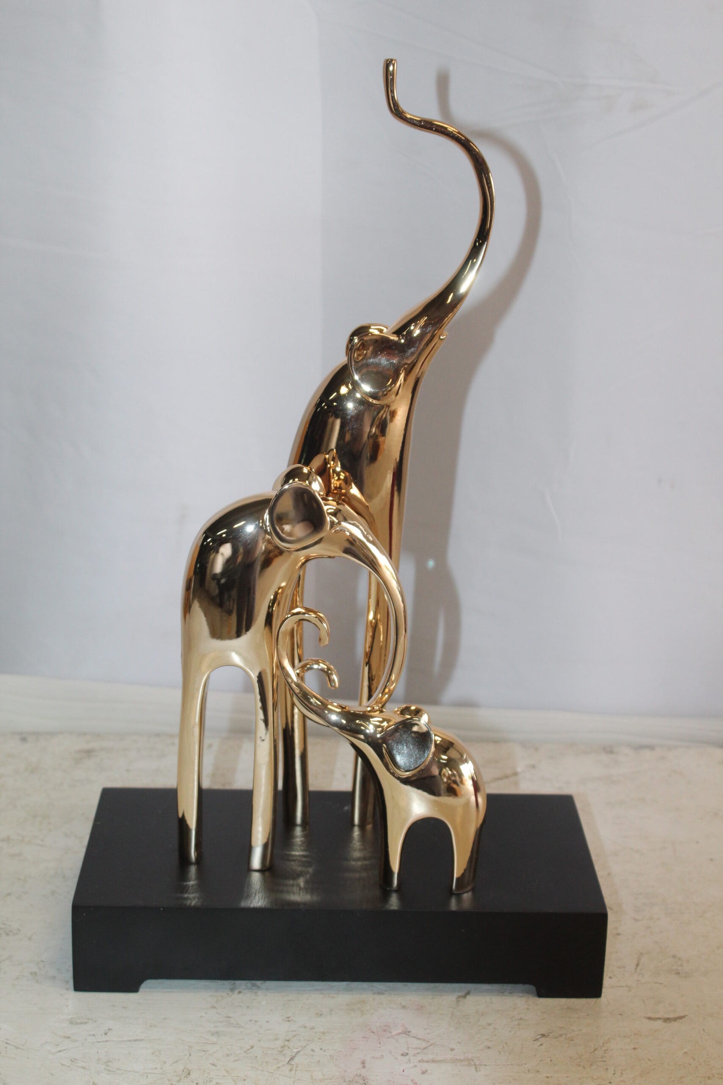 Gold Elephant Family Resin Statue on Black Base 11" x 5" x 8"H