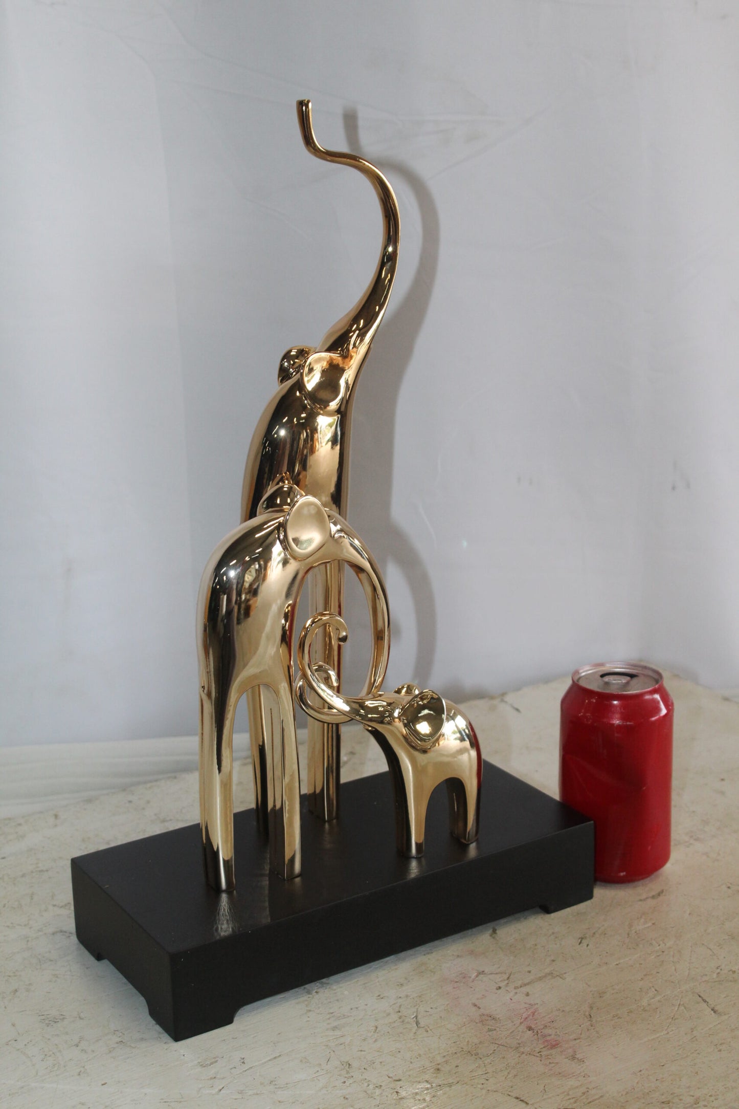 Gold Elephant Family Resin Statue on Black Base 11" x 5" x 8"H