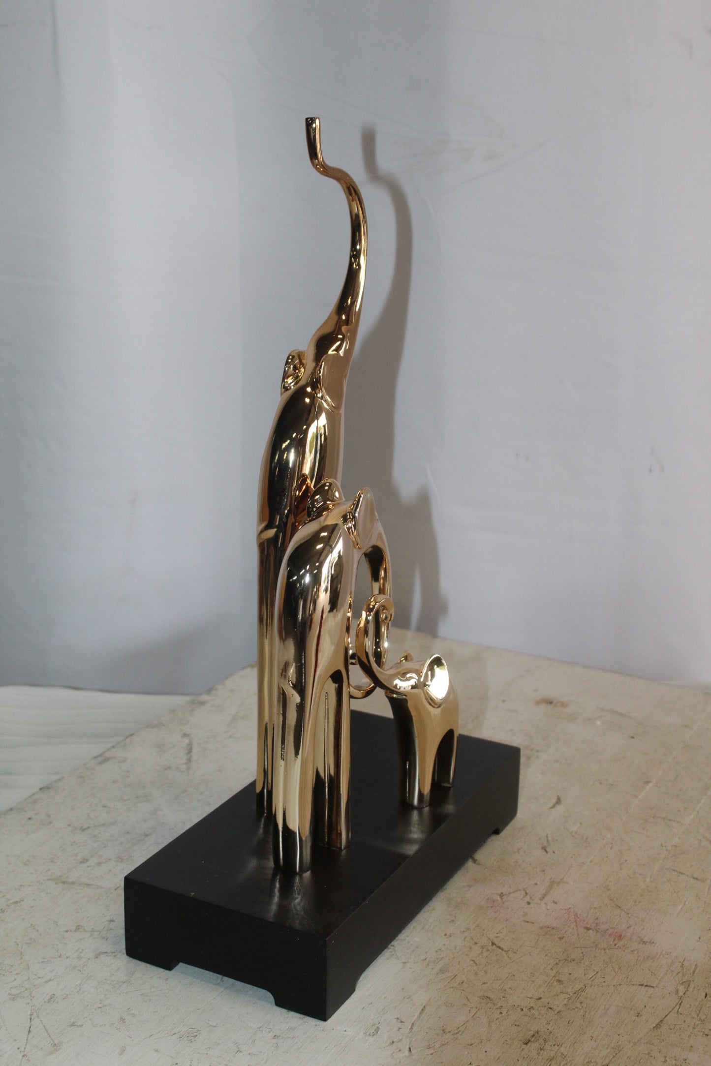 Gold Elephant Family Resin Statue on Black Base 11" x 5" x 8"H