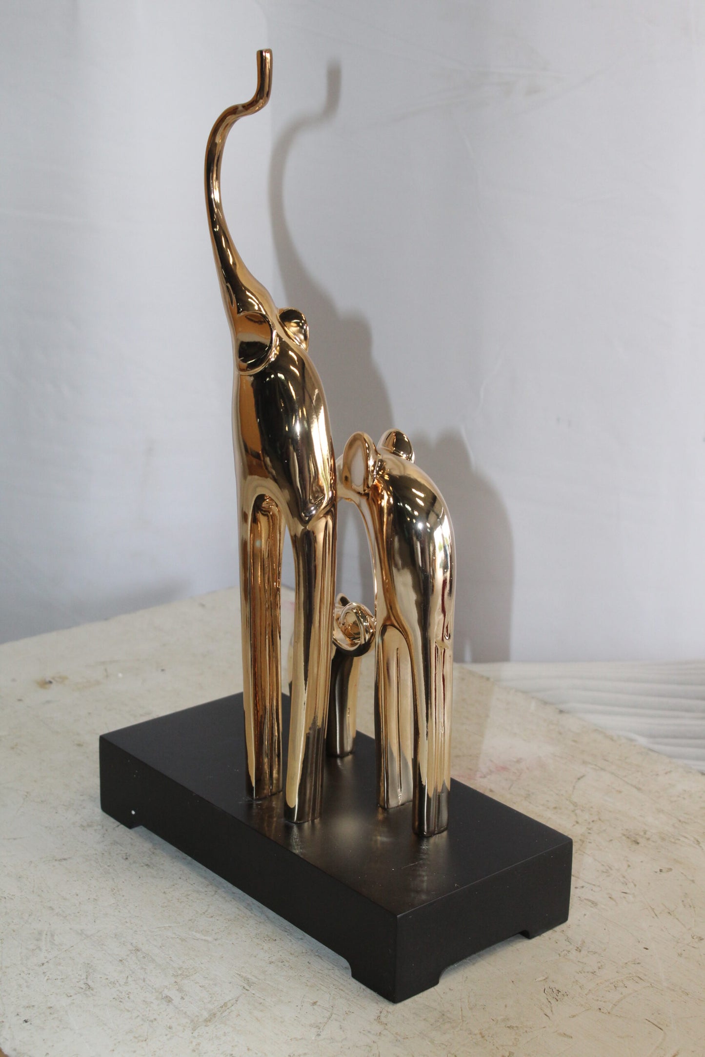 Gold Elephant Family Resin Statue on Black Base 11" x 5" x 8"H
