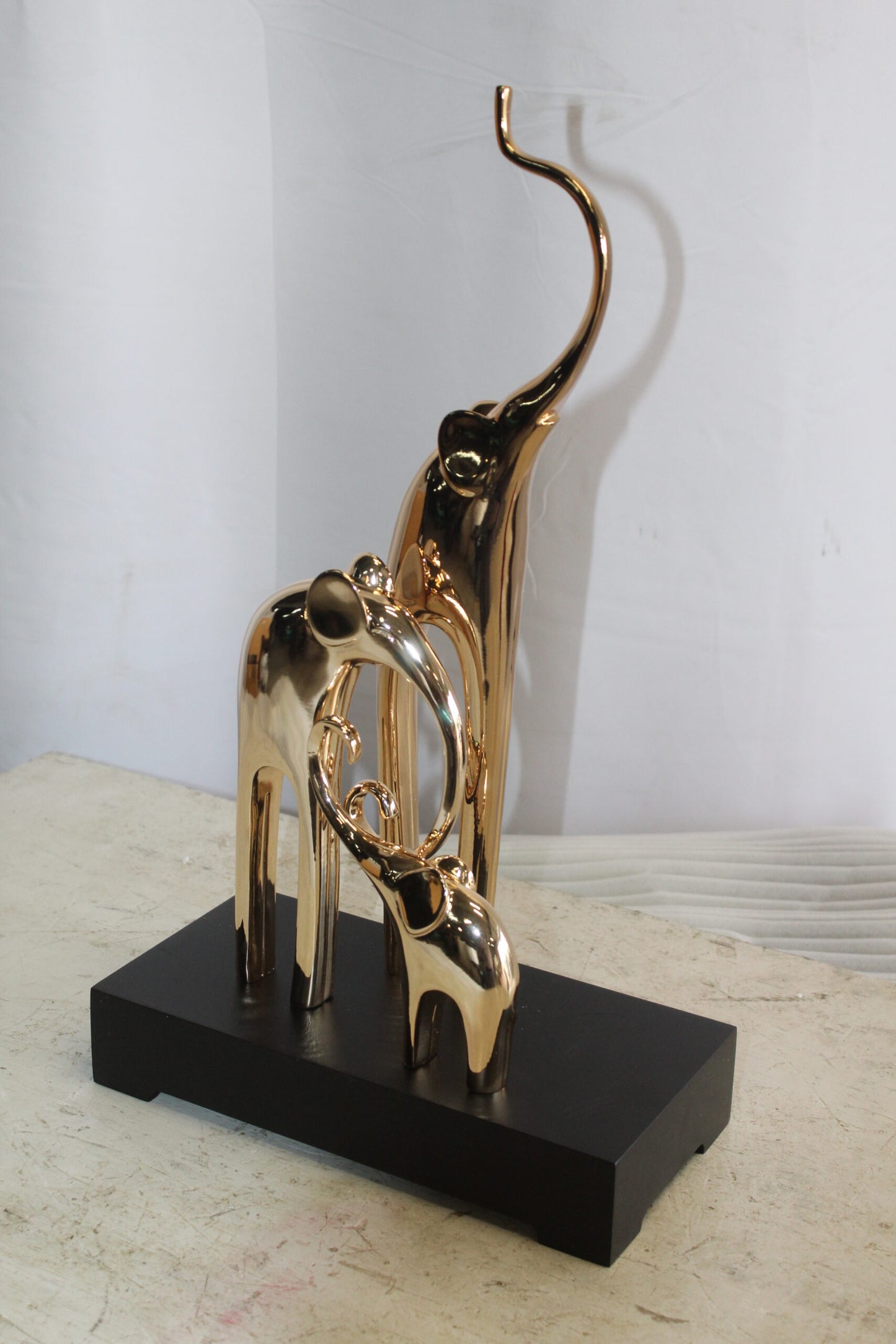 Gold Elephant Family Resin Statue on Black Base 11" x 5" x 8"H